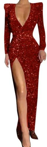 LCpddajlspig Vestito Capodanno Donna Abito Paillettes Donna Lungo Abiti da Cerimonia Elegante Curvy Vestitini Maniche Lunghe Abito da Sera Vestito Vintage Rosso XXL