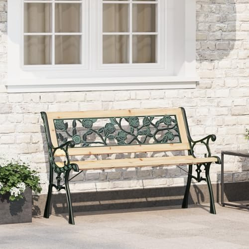 IBUQDDV Gartenbank mit Rosenmuster 116 cm Holz Gusseisen Außenbank für Garten Terrasse Balkon Sitzbank Wetterfest Komfortabel Dekorativ