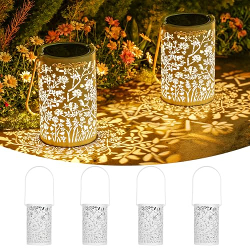 Görvitor Weiß Solarlampen für Außen Hängend 4 Stück, Vintage Solarlaterne für Außen Metall mit Blumen & Vogel Muster, Solar Laterne IP65 Wetterfest für Tisch Gartenweg Balkon Weihnachtsdeko
