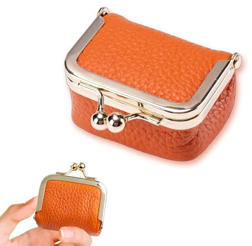SHOFUL Mini Schmuckkästchen aus echtem Leder im Vintage Stil mit praktischem Kussverschluss kompaktes Reise Etui für Ohrringe Ringe Ketten und Armbänder orange