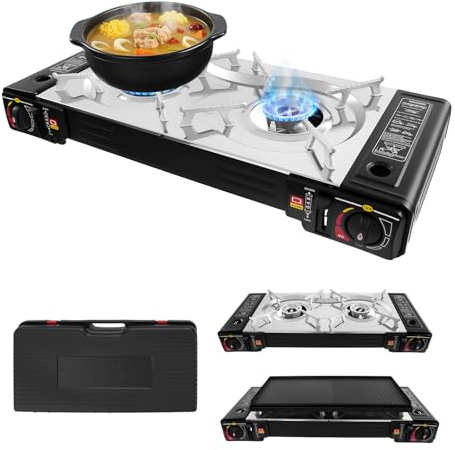 TONFEION Camping Gaskocher 2-Flammig mit Grillplatte & Tragetasche, Outdoor Campingkocher 2100-2500W Gas Stove, Tragbarer Gasherd Camping, Überdruckschutz, für Töpfe bis 34cm