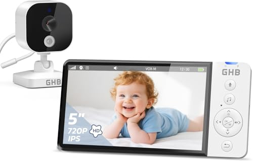 GHB Baby Monitor Video e Audio 5, Telecamera Neonato con Schermo IPS 5000mAh, Visione Notturna, Sensore di Temperatura, VOX, Ninnananna
