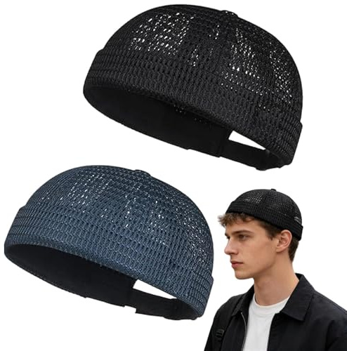2PCS Docker Cap,Verstellbar Seemannsmütze,UV-Schutz Dockermütze,Atmungsaktive Randlose Docker,Sommer Hafenmütze,Fischermütze Unisex,Masche Brimless Rolled Cuff Harbour Beanie Mütze(Blau,Schwarz-Hut)