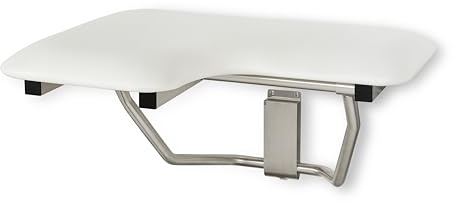 Seachrome Lift-Assist Shower Seat, L-Shaped Right-Hand, ADA, Wall Mount, Padded White Naugahyde