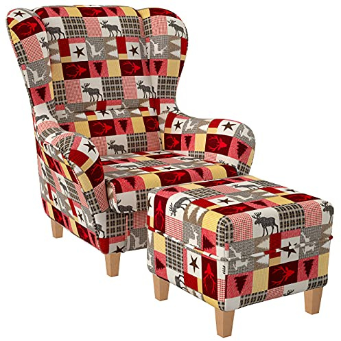 Supellex Ohrensessel »Sofia«, Design Schwedisch-Landhaus Patchwork, Elch, Hirsch, rot (Design-Nr.: 5101), wahlweise mit Hocker
