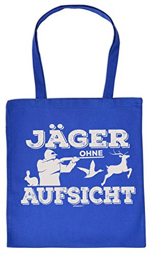 Jäger-Sprüche Geschenktasche - Baumwolltasche Jagd Motiv : Jäger ohne Aufsicht - Einkaufstasche Jagdsport Stofftasche - Farbe : Royalblau