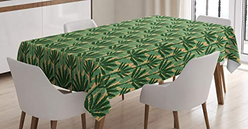 ABAKUHAUS Banana Leaf Tablecloth, Windmill Palm Trees, Dining Room Kitchen Rectangular Table Cover, 54 W X 78 L, Pale Yellow Jade Green