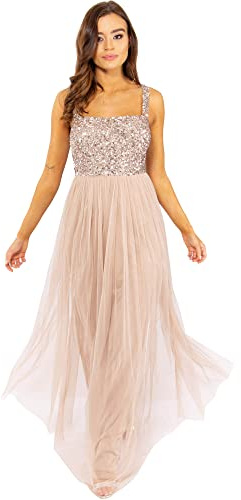 Maya Deluxe Damen Damen Maxikleid mit Breiten Trägern, Ärmellos, Quadratischer Ausschnitt, Verziert für Hochzeit, Gast, Abschlussball Bridesmaid Dress (1er Pack)