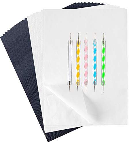 150 Stück weißes Kohle-Transferpapier Transparentpapier Carbon Graphit Kopierpapier mit 5 Stück Prägestiften Dotting Tools für Holz, Papier, Leinwand, Stoff, 29 x 21 cm (weiß und schwarz)