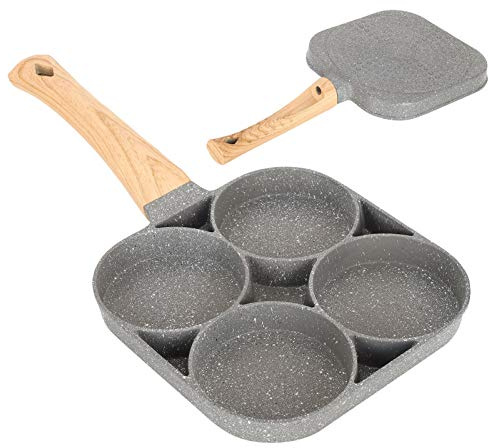 4-Loch Pfannkuchenpfanne, Antihaft Crepepfanne mit Holzgriff für Eier, Burger, Geeignet für Induktionsherde, Gleichmäßige Hitzeverteilung, ideal für Frühstück, Omelett, Pancakes, Vielseitig Einsetzbar