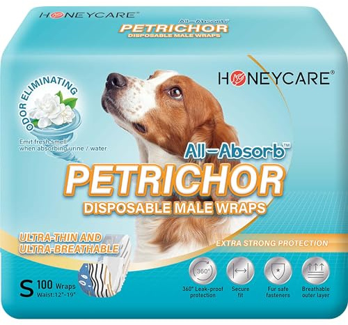 HONEY CARE All Absorb Petrichor Male Dog Wrap, Fresh Smell Dog Diaper, Disposable, Small, White, 100 Count