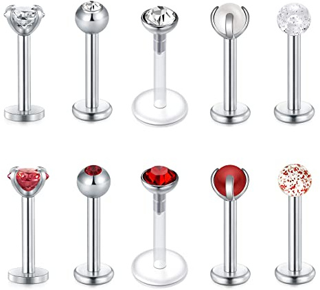 Funseedrr 10er 1.2mm Edelstahl Lippenpiercing Labret Stecker Set 8mm Silber Tragus Helix Piercing Schmuck