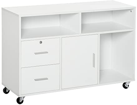 HOMCOM Mueble Auxiliar de Oficina Mueble Archivador con Ruedas Estantes y Cajones Armario Multiusos con Gran Almacenaje 100x35x65 cm Blanco