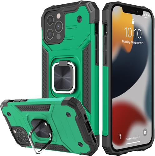 Honeyview ShockProof Case for iPhone 12/12 Pro with Ring Kickstand, Bumper Armour Phone Cover for Apple iPhone 12/12 Pro - Dark Green