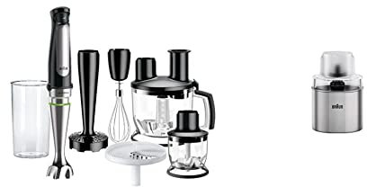 Braun MultiQuick 7 MQ 7087X Stabmixer - Pürierstab mit abnehmbarem edelstahl Mixfuß mit ActiveBlade Technologie, 1000 Watt, schwarz & Braun Kaffee- und Gewürzmühlen Aufsatz MQS 270 SI, Silber