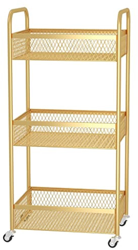 LAJUU 3-stufiger Metall-Rollwagen Mit Regalen, Goldener Aufbewahrungswagen Mit Feststellbaren Rädern, Aufbewahrungswagen for Zuhause, Küche, Schlafzimmer, Büro, Servierwagen