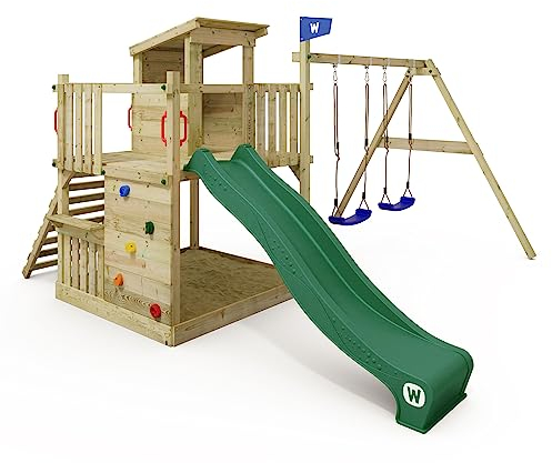 WICKEY Spielturm Klettergerüst Smart Cabin mit Schaukel & Rutsche, Stelzenhaus mit Sandkasten, Outdoor Kletterturm für Kinder, Kletterwand & Spiel-Zubehör – grün