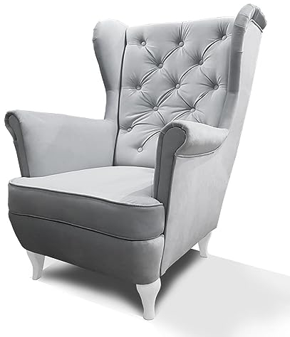 Mars Meble Ohrensessel aus Velours, Sessel mit Holzbeine, Wohnzimmersessel mit Wellenfedern, Elegant und Bequem (Stoff: Paros 05 - grau)