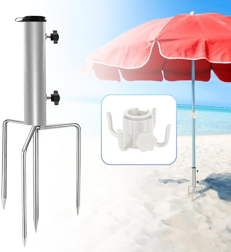 LangRay Soporte de Sombrilla Playa, Soporte para Sombrilla con 4 pinchos Desmontables, Pie para Sombrilla con Ancla Palo para Sombrilla Playa Césped Pradera Arena Pesca Jardín