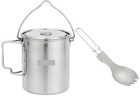 GOPEO 750-ml-Edelstahltopf Und Titan-Göffel-Sets Mit Klappbaren Griffen Und Deckel for Outdoor-Camping, Wandern, Rucksackreisen (Color : Pot Ti Spork Set)