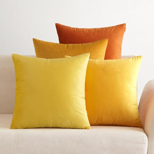 EMEMA Samt Kissenbezug 40x40 cm Kissenhülle Herbst Kopfkissenbezug Dekorative Dekokissen Couchkissen 4er Set Deko Bezug Sofakissenbezug für Wohnzimmer Schlafzimmer Büro Orange Serie