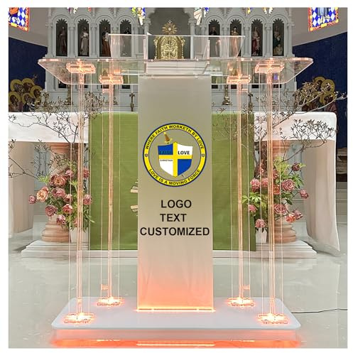 Customized Church Pulpit for Churches Text and Logo, Acrylic Podium with Led Lights, Transparent Podium with Wheels& Spacious Reading Platform, Clear Lectern for Speech (39.4”L*15.7”W *44”H)