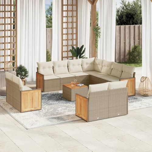 Rantry 12-TLG. Gartenmöbel Set mit Kissen Gartensofa Balkonsofa Gartenlounge Balkonmöbel Loungesofa mit Gartentisch Ecklounge Ecksofa Sitzgruppe Loungemöbel Beige Poly Rattan