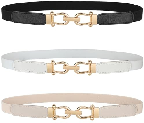 WERFORU Kvinnor tunt elastiskt bälte för kläder, tunt retro stretch midjebälte med gyllene spänne, E-svart + vit+beige, Länge 80cm(für Taille Größe 83-102cm)
