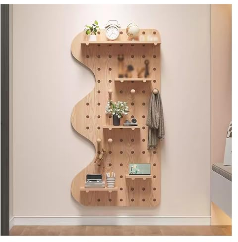 Wood Wall Organiser Pegboard,Pegboard Combination Wall Organizer Kit,Wooden Pegboard Shelves,Wall Mount Solid Wood Display Peg Board Panel with Accessorie(Color:Brown)