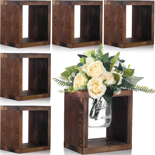 GlikCeil 6 Pack Wooden Boxes for Centerpieces Wood Cube Planter Box Rustic Wood Square Vase Holder for Centerpieces Home Wedding Garden Decor