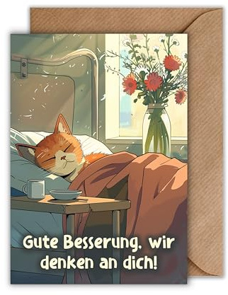 Gute-Besserung-Karte „Wir denken an dich“ mit Umschlag – Genesungskarte mit schlafender Katze im Krankenhausbett - liebevolle Aufmunterungskarte für Freundinnen, Kollegen und Familie (DIN A6)