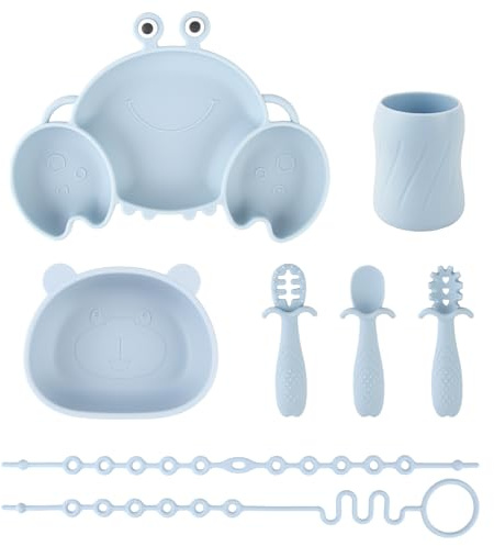 Set de Vajilla para Bebé de Silicona con Ventosa, 8 Piezas, Set de Comida para Niños, Incluye Plato Antideslizante, Tazón, una Taza, 3 Cucharas y 2 Correas de Seguridad, sin BPA (Azul)