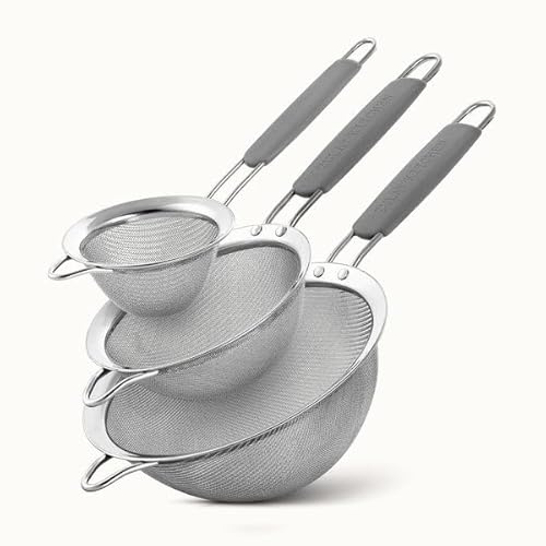 ELEEN Stainless Steel Strainer | Set of 3 Kitchen Strainers Available Sizes (S,M,L) | Perfect Strainers for Kitchen Use (Black Handle Pack of 3)