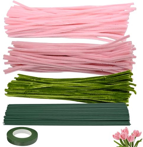 FORYNXHWIN Tulip Pipe Cleaner Set - 320pcs Pipe Cleaners for Crafts, 30cm Long Super Flexible Floral Stems with Florist Tape, DIY Tulip Bouquet Making Supplies (Pink, Light Pink, Green)
