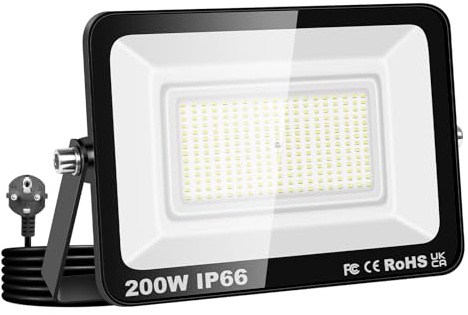RIGIDON LED Strahler Außen & Innen mit Stecker, 200W 20000LM Außenstrahler | LED Scheiwerfer Spotlight Fluter Flutlicht 230V, IP66 Wasserdicht 6000K kaltweiß für Garage, Garten, Sportplatz, Terrasse
