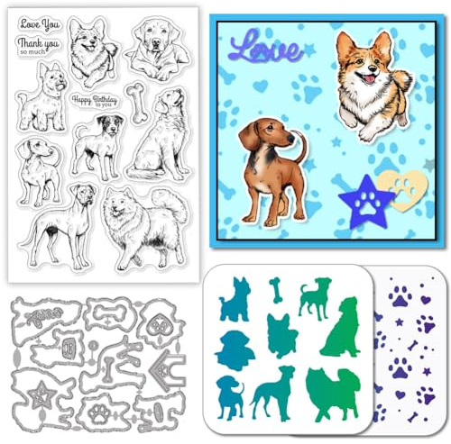 GLOBLELAND Realistische Hunde Stamps Stanzschablone für die Kartenherstellung Tiere Silikonstempel Stanzschablone Hund Pfote Hintergrund PET Malschablonen Für DIY Scrapbooking Bastelalben Zubehör