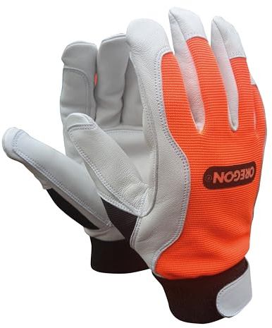 OREGON Gants de travail haute adhérence Protection pour sylviculture, jardinage et travaux extérieurs, avec paume en cuir renforcé, dos en spandex bi-élastique, réglables et adhérents – Taille S