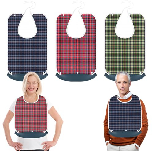 TaoTazon TaTazon Adult Bibs, 3 Pack Bibs for Women and Men Eating Washable, Reusable Adult Clothing Protectors with Detachable Crumb Catcher for Elderly Men(Green/Red/Blue with Straps)