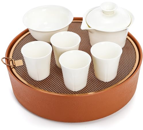 Eorbow Juego de té chino Gongfu de 7 piezas, juego de té japonés de cerámica para adultos, tetera blanca de Gaiwán con bandeja de té grande y 5 tazas de té, juego de utensilios de té de regalo para el