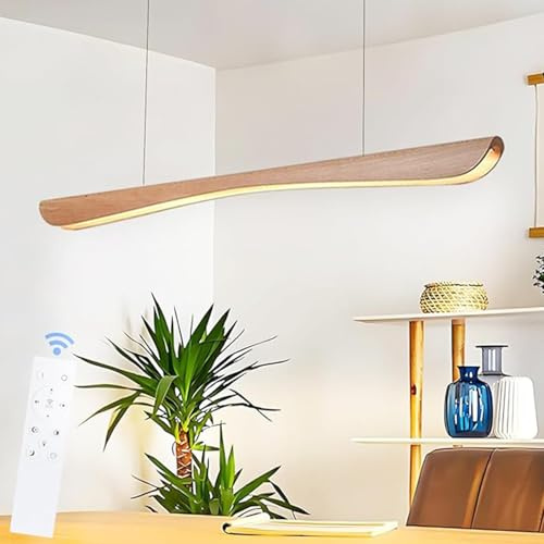 Aleaty LED Holz Esstisch Pendelleuchte Dimmbare Hängelampe Linear Pendellampe Esstischlampe Fernbedienung Modernes Design Kronleuchter Einstellbare Farbtemperatur/Helligkeit/Höhe (L100cm/32W)