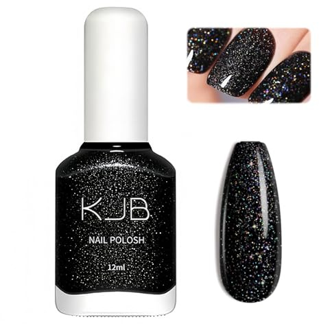 Glitter Black Nail Polish - Sparkly Black Nail Varnish - 12mL Glitter Nail Varnish Air Quick Dry - High Gloss Shine & Long Lasting Nail Art Polish For Women Girls Manicure DIY