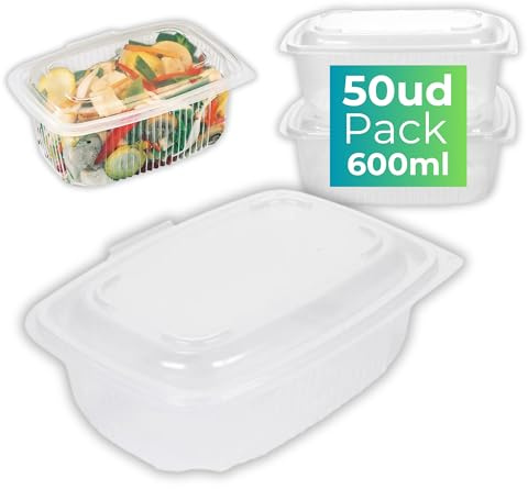IAMI Pack 50 Fiambreras 600 ml con Tapa Bisagra | Aptas Microondas | Polipropileno reutilizable | Medidas de 14x18 cm | Válidas para lavavajillas | Uso alimentario seguro