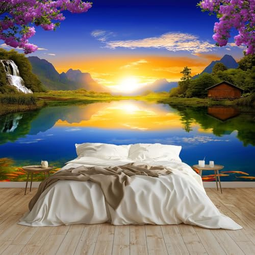 Générique Papier Peint Panoramique Paysage Chinois Papier Peint Intissé 200 x 140 cm, pour Mur Salon Cuisine Bain Couloir Salle à Mange Coucher De Soleil Fleurs Lac