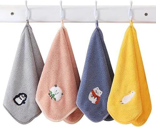 Rainjia 4pcs Kids Face Towels - Soft Coral Velvet Washcloths with Cute Animal Prints, Reusable Absorbent Baby & Children Wash Cloths for Hand Face Shower (25x50cm)