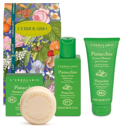 Erbolario - Confezione Regalo PISTACCHIO TRIO - In Scatola Originale - 1 Bagnoschiuma da 100 ml + 1 Crema Corpo Vellutante da 100 ml + 1 Shampoo Solido da 60 gr