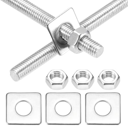 sourcing map 2Set M5x300mm Fully Threaded Rod, 201 Stainless Steel Threaded Rods Bar Studs Right Hand Threads with Nut Square Washer for Structural Anchoring Fastening Screw