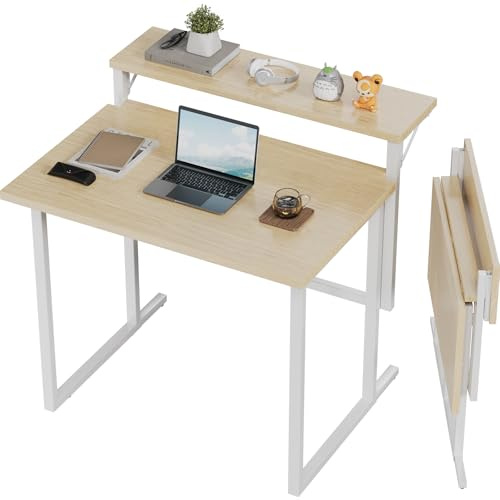 JUMMICO Escritorio Plegable 80cm, Mesa de Computadora Plegable con Soporte para Monitor, Ahorra Espacio y es Fácil de Instalar, Ideal para Oficinas en Casa, Beige