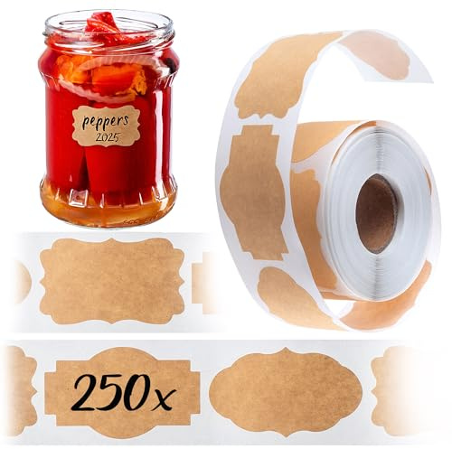 KADAX Kraftpapier Etiketten Selbstklebend, 250 Stück, Klebeetiketten zum Beschriften von Gläsern, Aufkleber für Marmeladengläser, Gewürzgläser & Einmachgläser