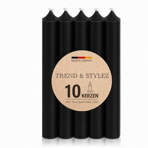 10 Spitzkerzen durchgefärbt (180x22mm) | RAL Stabkerzen mit 8h+ Brenndauer | Ohne Tropfen & Rußen | Tafelkerzen für Leuchter | Made in Germany (Schwarz)