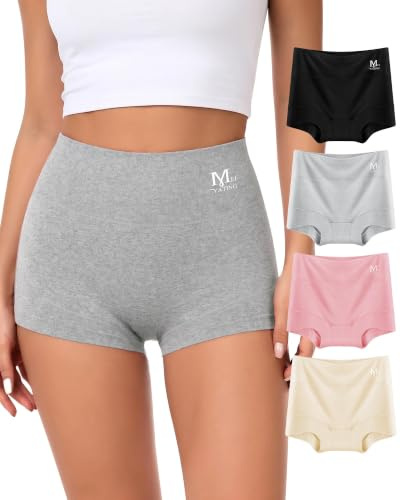 MIOTAN Women's Boxers High Waist Cotton Underwear Tummy Control 4-Pack | Seamless Design, Bonded Leg Openings, Tummy Control, Versatile Under Dress Yoga Lounge